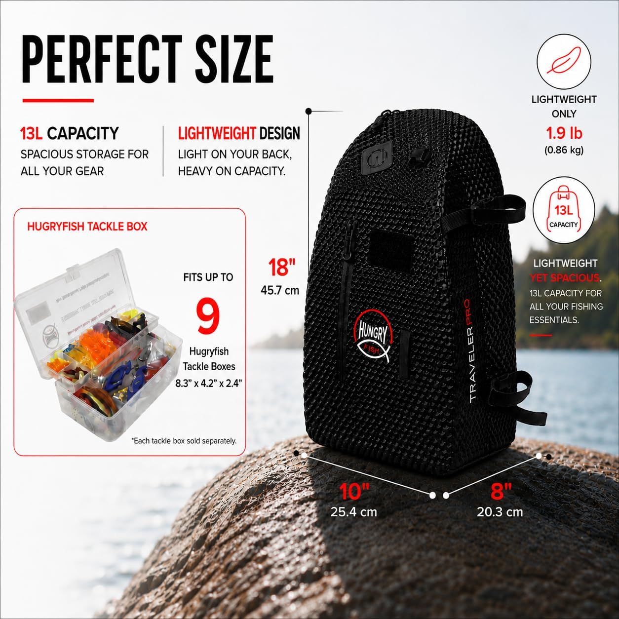 HungryFish Traveler Pro 13L Waterproof Fishing Sling Bag with Rod Holder & Net Holder, Lightweight Multi Purpose Outdoor Pack